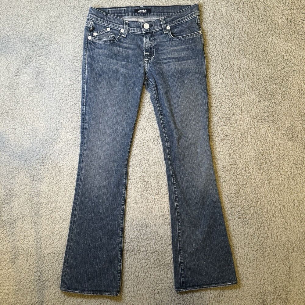 Rock & Republic Dark Blue Wash White Stitch Boot Cut Stretch Womens Jean Size 27